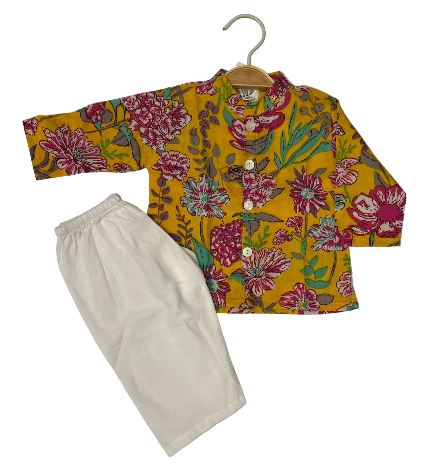 Floral print yellow cotton kurta pyjama set