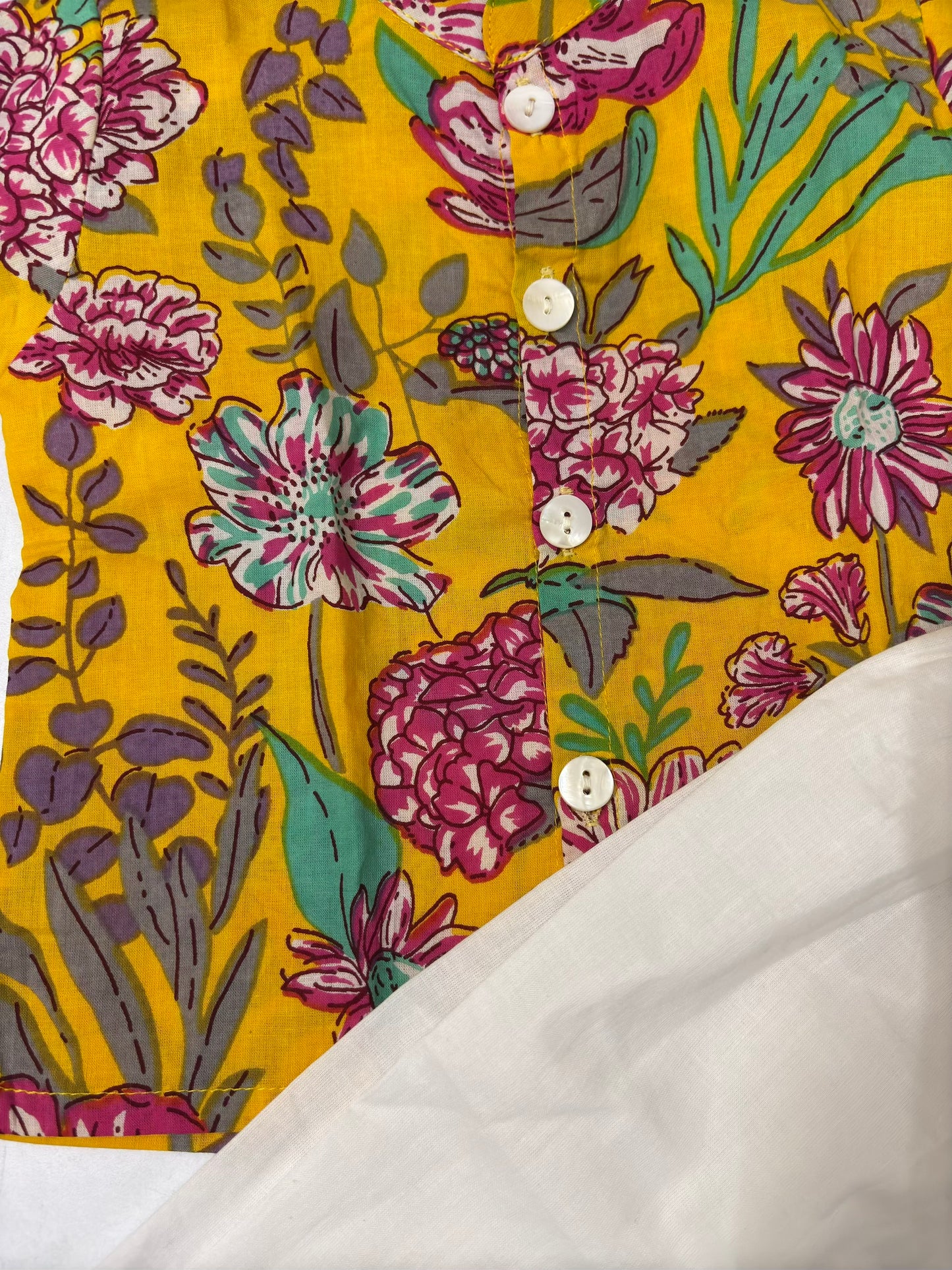 Floral print yellow cotton kurta pyjama set