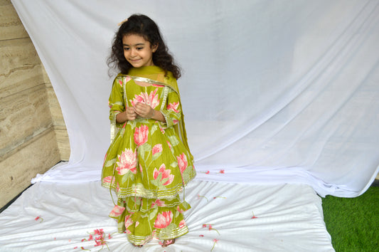 Green lotus print cotton base sharara suit set