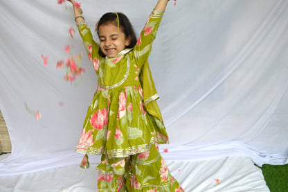 Green lotus print cotton base sharara suit set