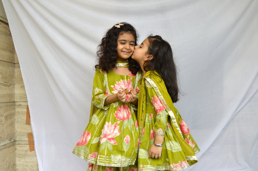 Green lotus print cotton base sharara suit set