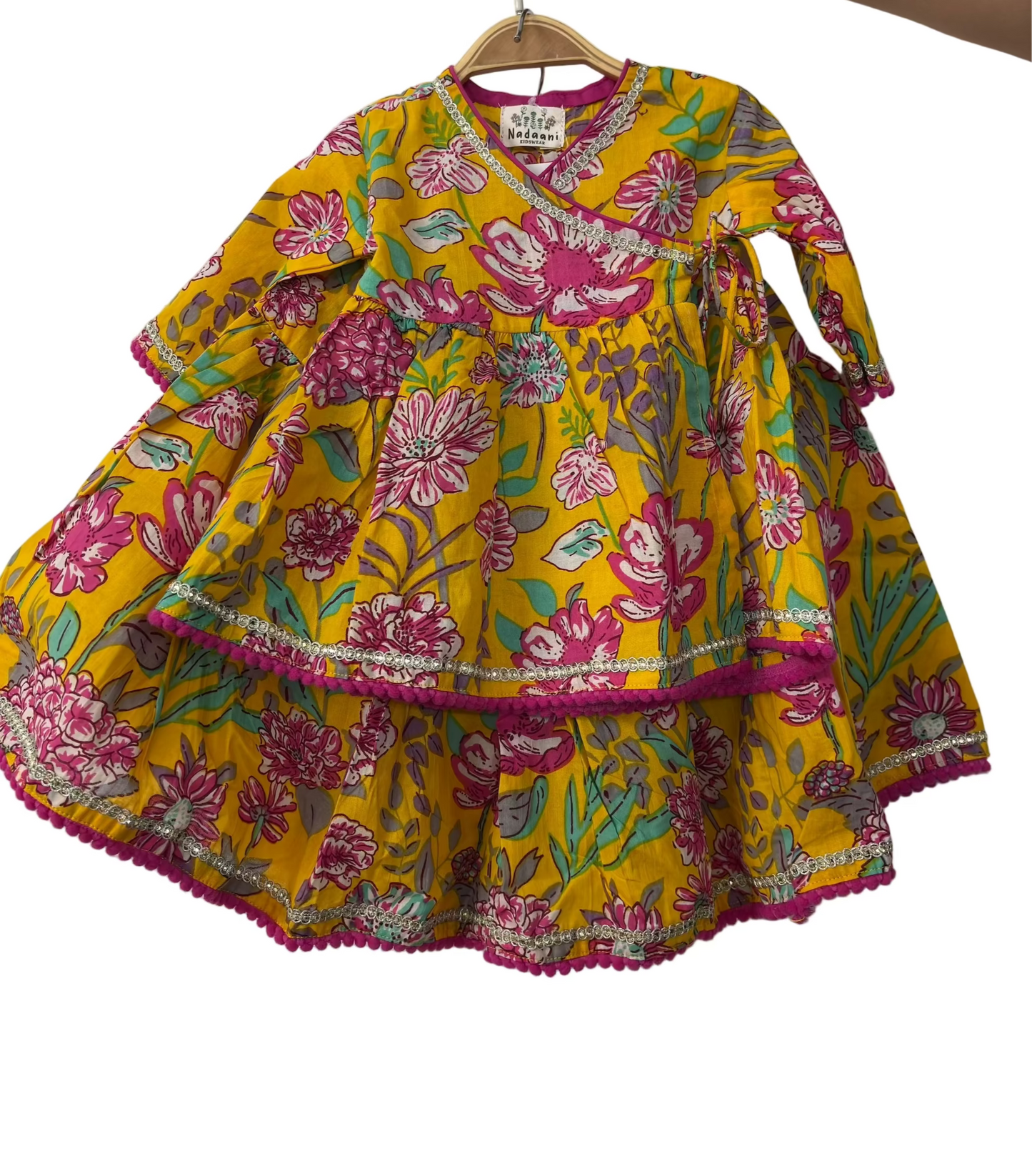 Yellow colourful floral angrakha top and skirt