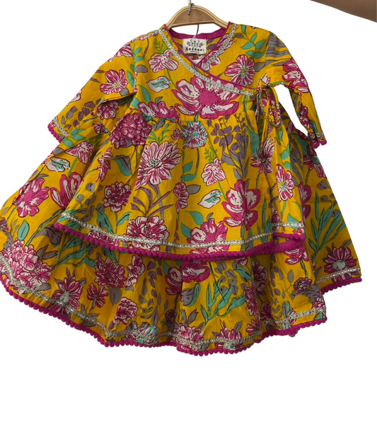 Yellow colourful floral angrakha top and skirt