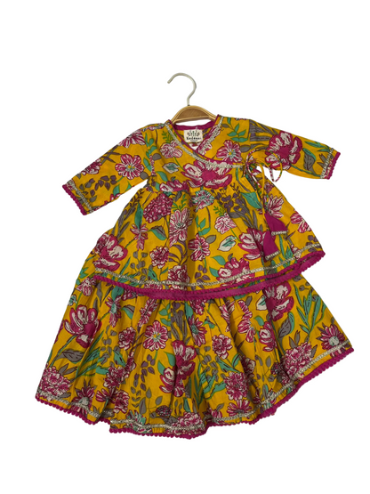 Yellow colourful floral angrakha top and skirt