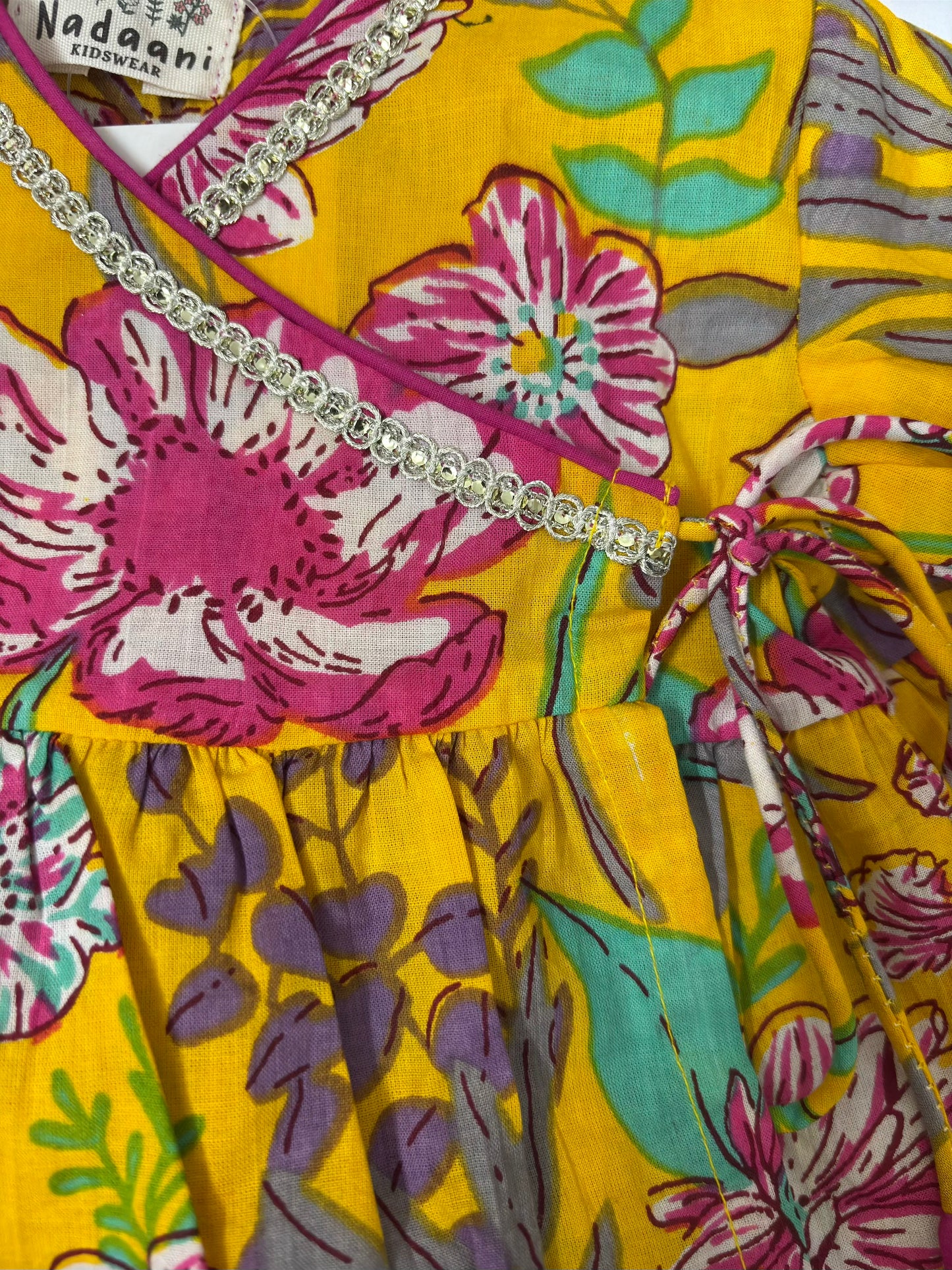 Yellow colourful floral angrakha top and skirt