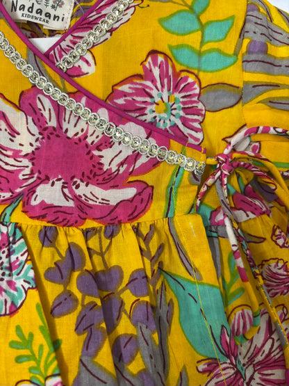 Yellow colourful floral angrakha top and skirt