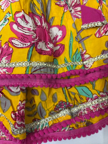 Yellow colourful floral angrakha top and skirt