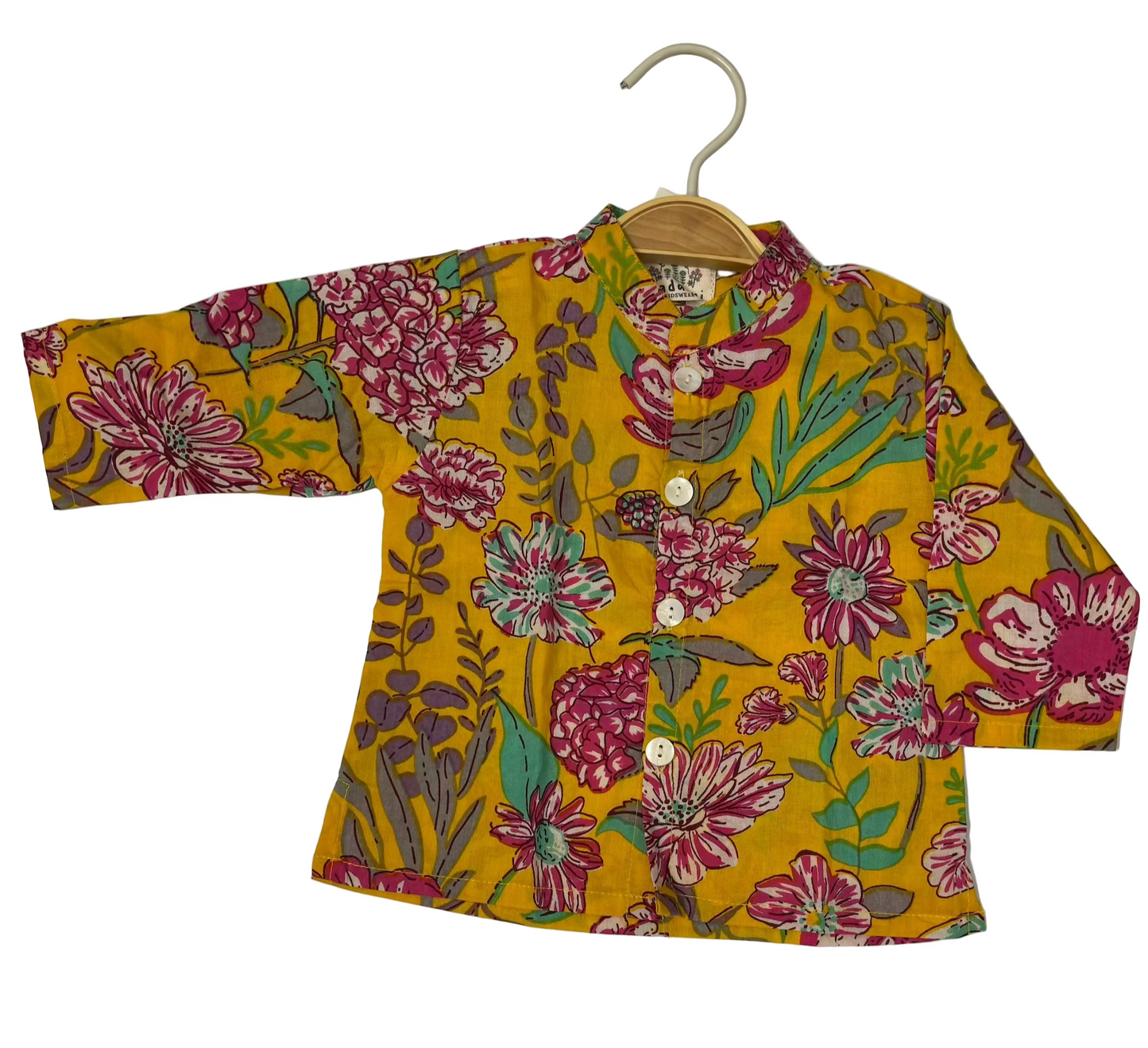 Floral print yellow cotton kurta pyjama set