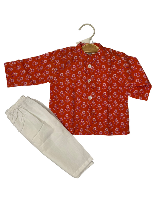 Red printed cotton kurta pyjama set