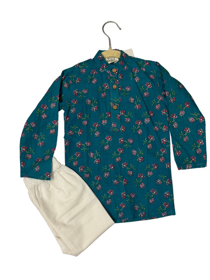 Teal Kurta Payjama set with floral pattern