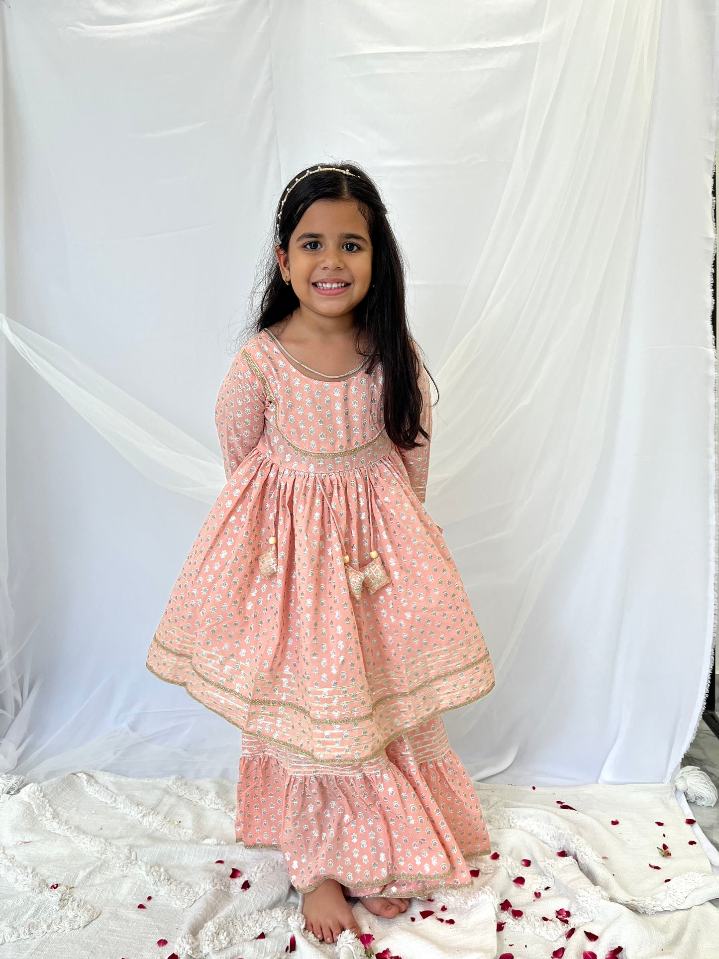 Peach Foil Print Sharara Set
