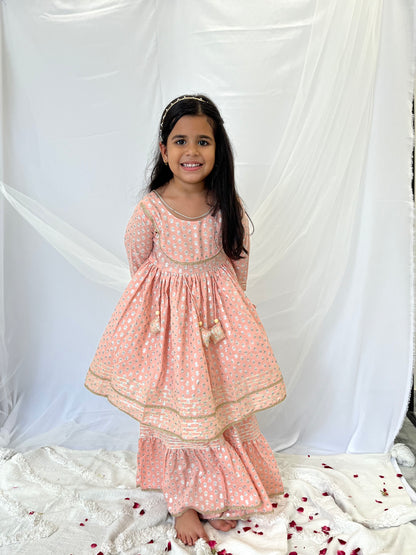 Peach Foil Print Sharara Set