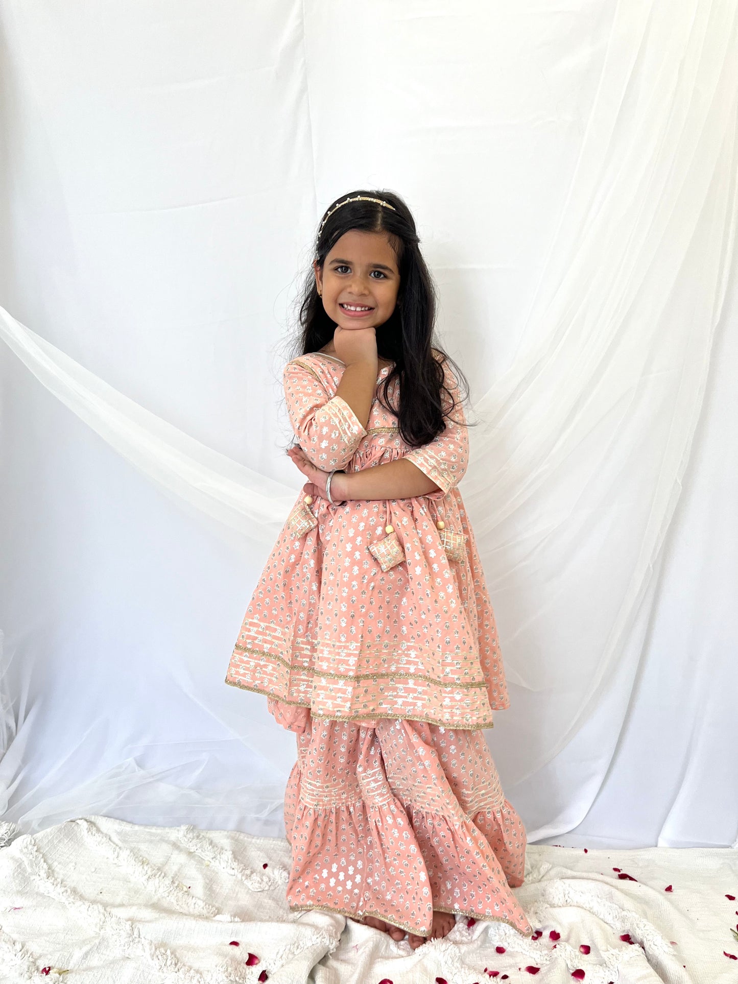 Peach Foil Print Sharara Set