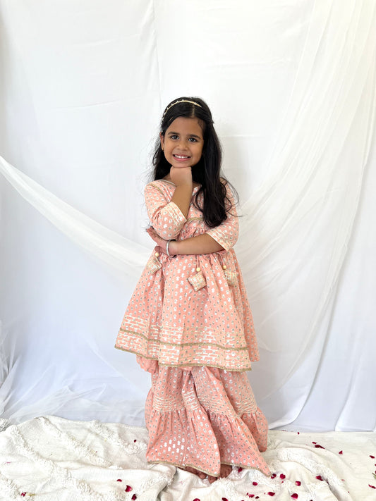 Peach Foil Print Sharara Set