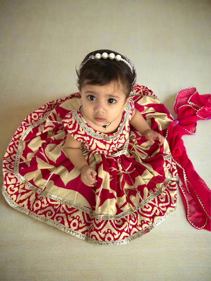 Red and beige patterned top and skirt