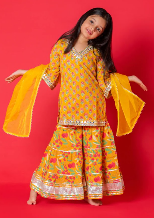 Yellow Mirror Work Sharara Set
