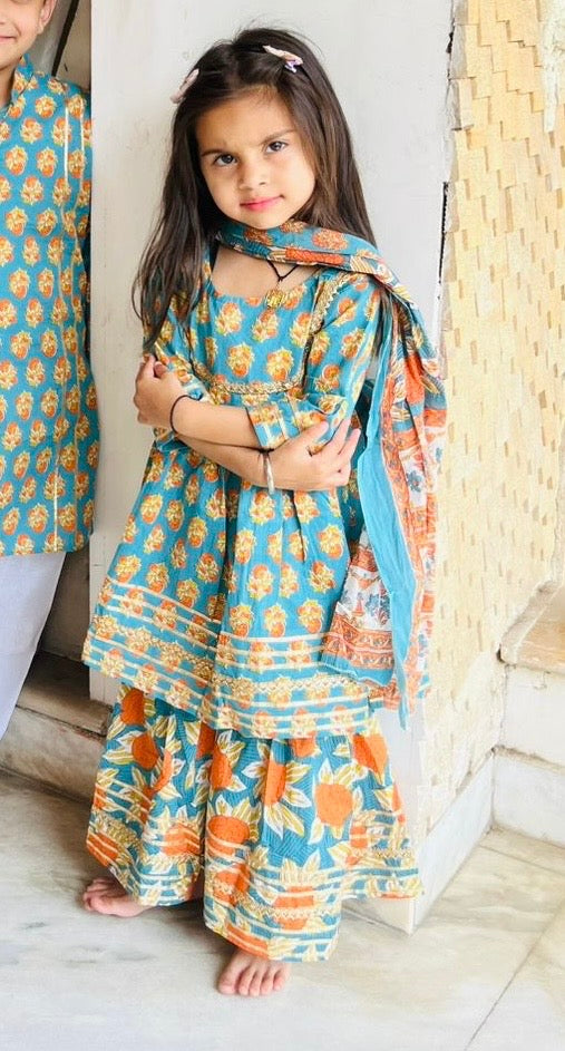Turquoise Floral Print Sharara Set